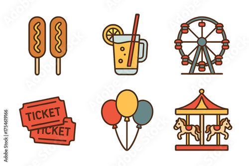 Amusement park attractions and snacks icon collection featuring Ferris wheel, carousel, and tickets