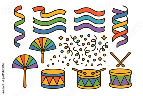 Assortment of bright celebration decorations and musical instruments for a festive event