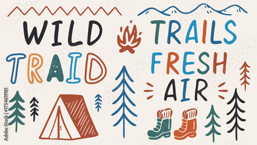 A hand-drawn outdoor adventure doodle featuring mountains, tents, pine trees, campfires, backpacks, and hiking boots.