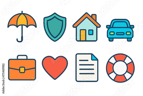Colorful insurance and protection icons featuring house, car, heart, shield, and umbrella