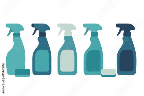 Row of various blue and teal colored household cleaning spray bottles and sponges for sanitation and hygiene