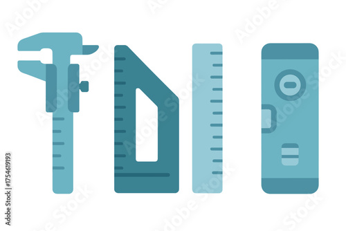 Set of precision measuring tools for construction and engineering projects featuring caliper, ruler, and level