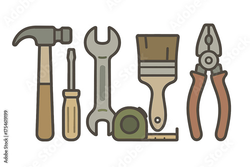 Set of essential hand tools for home improvement, repair, and construction projects