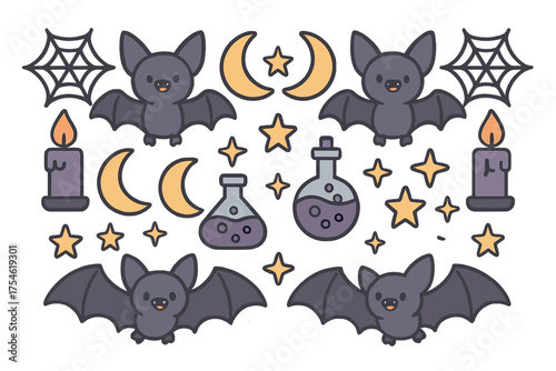 Cute cartoon bats, moons, stars, candles, spiderwebs, and potions icons
