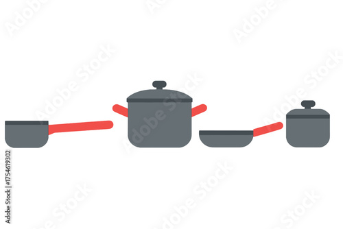 Set of kitchen cooking utensils including pots pans and saucepan with red handles