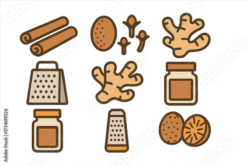 Warm winter spices and kitchen tools: cinnamon, ginger, nutmeg, cloves, and graters