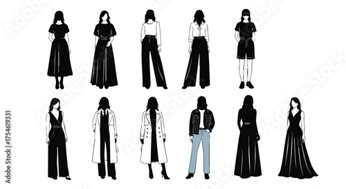 Elegant and modern vector illustrations depicting various female figures dressed in a range of stylish outfits, from casual to formal, suitable for fashion design and apparel concepts