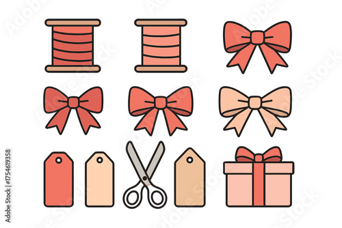 Sewing and crafting supplies collection featuring thread spools ribbon bows scissors and gift tags