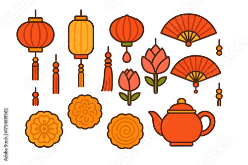 Traditional Chinese festival elements: lanterns, mooncakes, fans, lotus flowers, and teapot