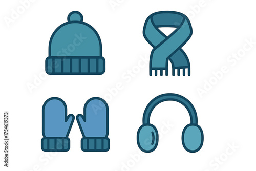 Blue winter clothing items featuring a warm knit hat, knotted scarf, pair of mittens, and earmuffs