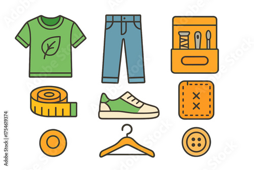 Colorful fashion icons set featuring apparel, footwear, sewing tools, and accessories