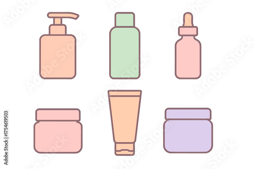 Minimalist set of pastel cosmetic packaging containers including pump bottle dropper jar and tube