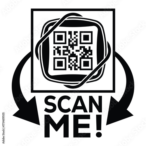 A bold, black and white vector graphic featuring a QR code centered in a square with targeting marks. Large arrows point to the text "SCAN ME!", creating a compelling call-to-action for immediate digi