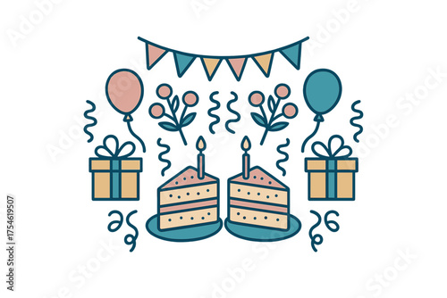 Colorful arrangement of birthday cake, lit candles, balloons, wrapped presents, and party flags