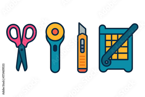 Collection of colorful crafting and sewing tools including scissors, rotary cutter, and utility knife
