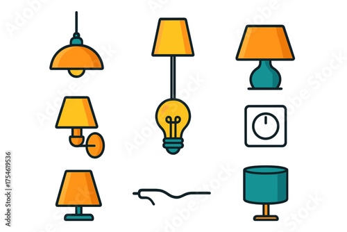 Colorful set of interior lighting elements including pendant lights, desk lamps, wall sconces, and dimmer switches