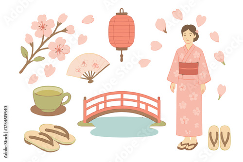 Traditional Japanese spring elements set featuring a woman in kimono, cherry blossoms, lantern, fan, bridge, and tea