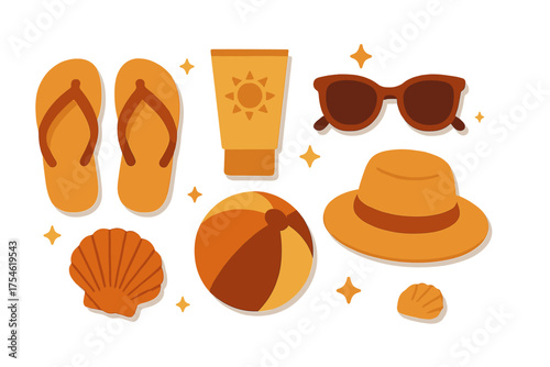 Essential summer vacation items set including flip flops sunscreen sunglasses and beach ball
