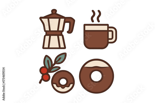 Moka pot, steaming coffee mug, beans, and donuts for breakfast menu design