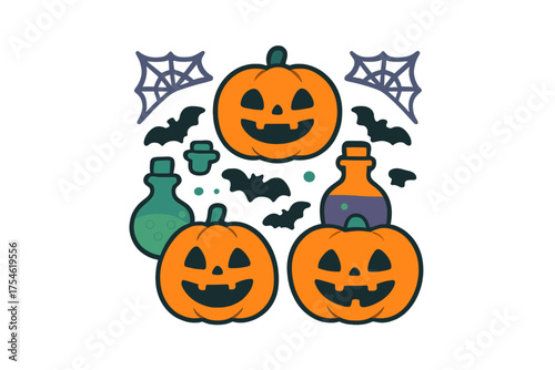 Spooky jack-o'-lanterns, flying bats, spiderwebs, and magical potion bottles for Halloween design