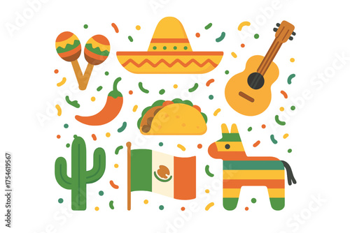 Collection of traditional Mexican fiesta symbols including sombrero, maracas, guitar, and pinata