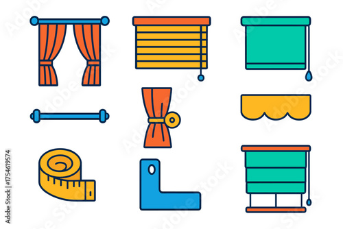 Colorful icons of window treatments, blinds, curtains, and measuring tools