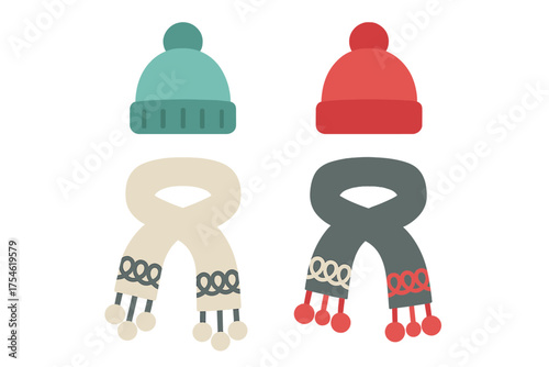 Colorful winter beanies and scarves with pom-poms for cold weather fashion accessories