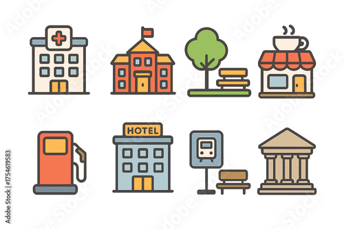 Colorful flat line icons of public and commercial city buildings and services