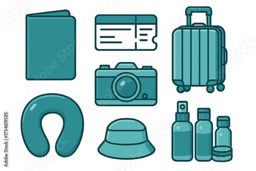 Essential travel accessories collection including suitcase, passport, ticket, camera, and toiletries