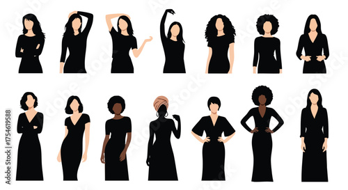 Collection of Silhouettes of Diverse Women in Various Poses, Representing Strength and Individuality