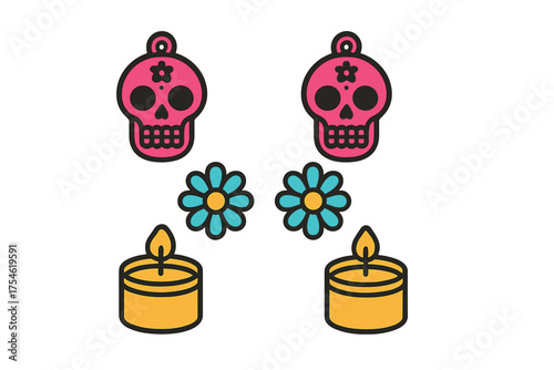 Colorful Day of the Dead icons featuring sugar skulls, marigold flowers, and lit candles