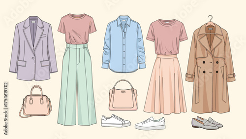 Women's Pastel Fashion Outfits. Collection of Stylish Apparel, Accessories, Blazer, Trench Coat, Skirt, Pants, Shirts, Handbags, and Shoes.