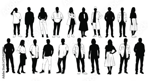 Collection of Silhouettes of Diverse People Posing in Casual and Business Attire, Representing Various Lifestyles and Social Interactions