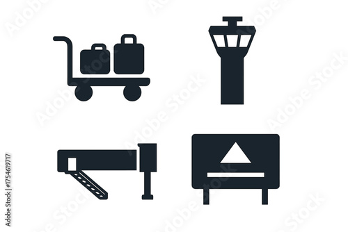Silhouette symbols for airport travel: control tower, baggage trolley, jet bridge, and sign