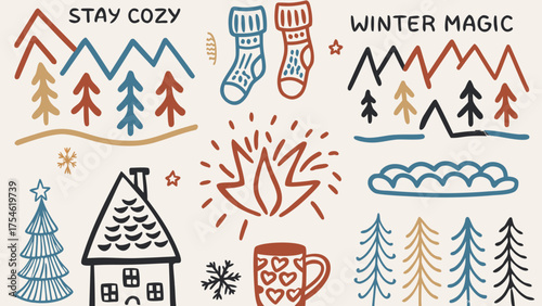A warm doodle scene of snowy cabins, wool socks, fireplaces, and mugs of cocoa.