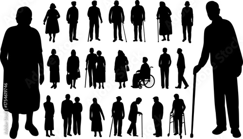 Set of silhouettes of elderly people, old people, vector