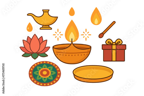 Traditional Diwali festival symbols set with diya lamp, lotus flower, gift box, and decorative elements