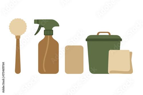 Minimalist set of reusable sustainable zero waste cleaning supplies and equipment