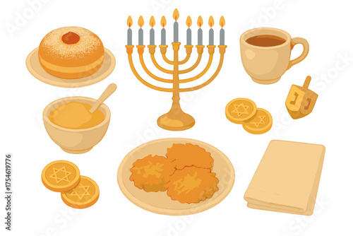 Golden menorah with lit candles alongside traditional Hanukkah foods and symbols on white background