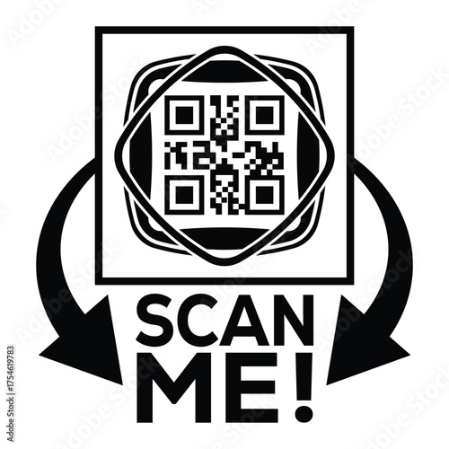 A bold, black and white vector graphic featuring a QR code centered in a square with targeting marks. Large arrows point to the text "SCAN ME!", creating a compelling call-to-action for immediate digi