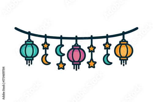 Colorful festive garland featuring traditional lanterns, crescent moons, and bright stars hanging on a string