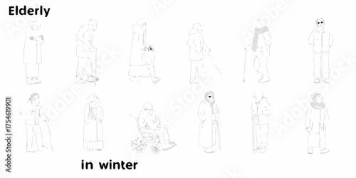Collection of stylized line art illustrations of elderly people in winter clothing and accessories