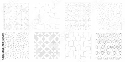 Collection of eight abstract geometric patterns with a subtle textured appearance in shades of white and gray