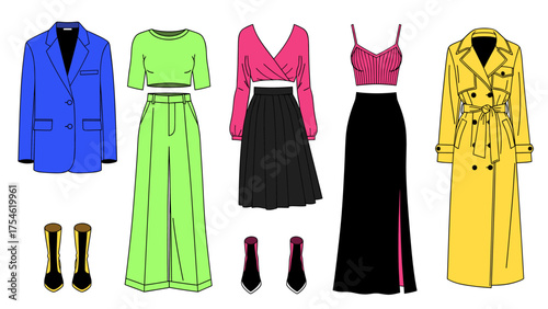 Vibrant Women's Fashion Outfits Flat Lay. Modern Apparel Collection: Blazer, Trench Coat, Crop Tops, Skirts, Trousers & Heels.