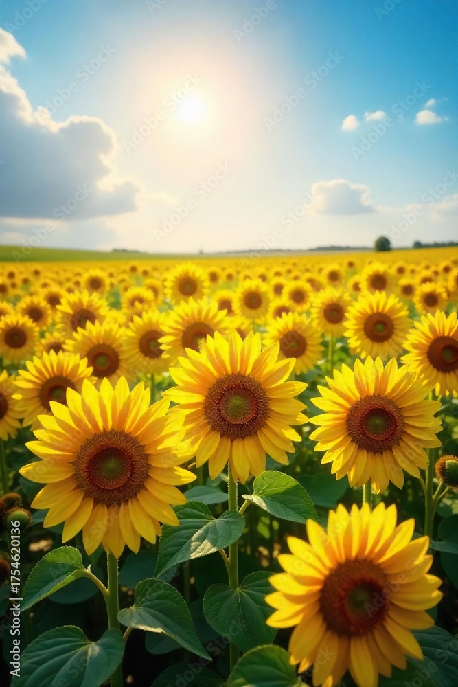 Fototapeta premium Sunlit Sunflower Field Vibrant Summer Bliss, Joyful Energy and Positive Vibes