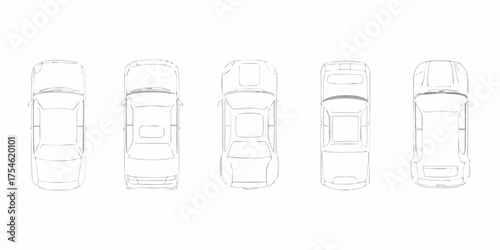 Top down view of five different car silhouettes on a white background