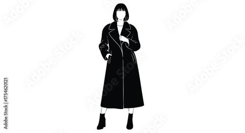 Elegant black and white minimalist illustration of a fashionable woman in a long stylish coat, embodying modern urban chic and sophisticated lifestyle fashion with a cool, confident stance