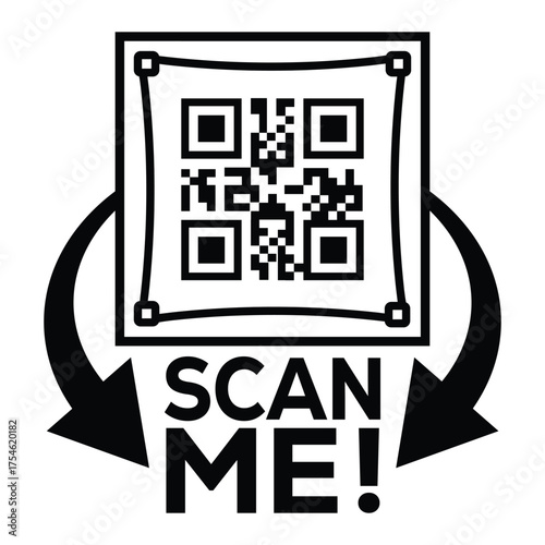 A bold, black and white vector graphic featuring a QR code centered in a square with targeting marks. Large arrows point to the text "SCAN ME!", creating a compelling call-to-action for immediate digi