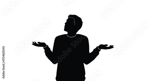 Vector silhouette of a person shrugging with open hands, conveying uncertainty, confusion, and a 'don't know' gesture, ideal for minimalist graphic designs and expressive communication concepts