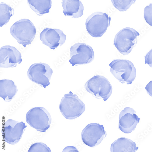 Watercolor Blue Blotches Seamless Pattern on White Background.Hand-painted watercolor-style tileable design with blue circular blotches scattered irregularly.Modern watercolor pattern ideal for fabric